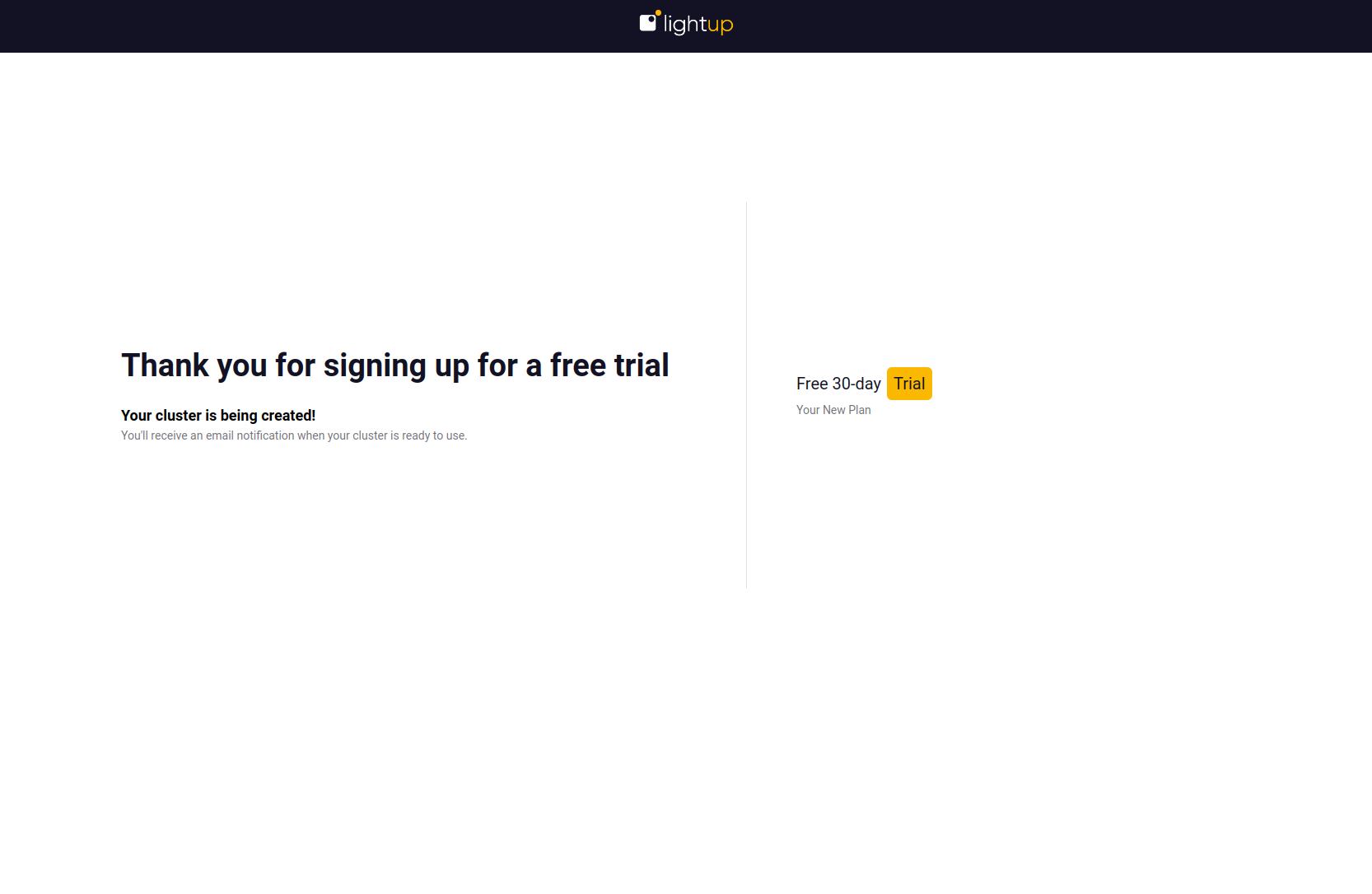 Lightup free trial thank you page.