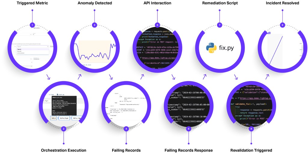 Lightup data remediation UI showing incident details and remediation actions