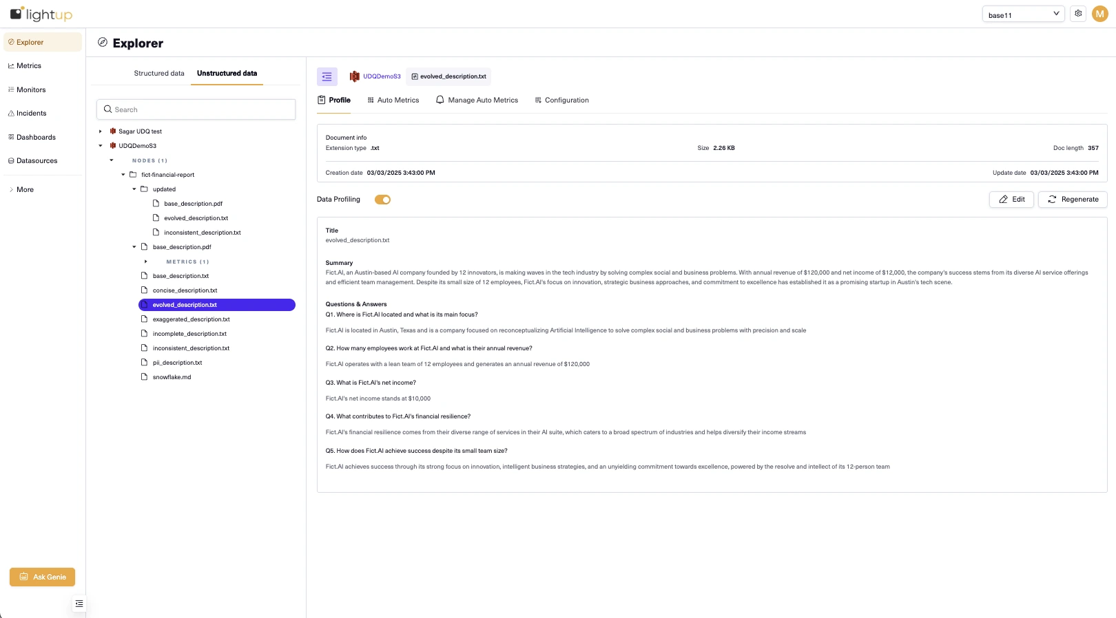 Data profiling for unstructured data in Lightup